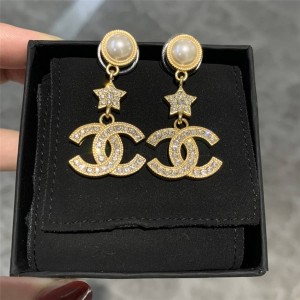 CHANEL香奈儿小时代奢侈品新款珍珠星星吊坠双C镶钻耳环